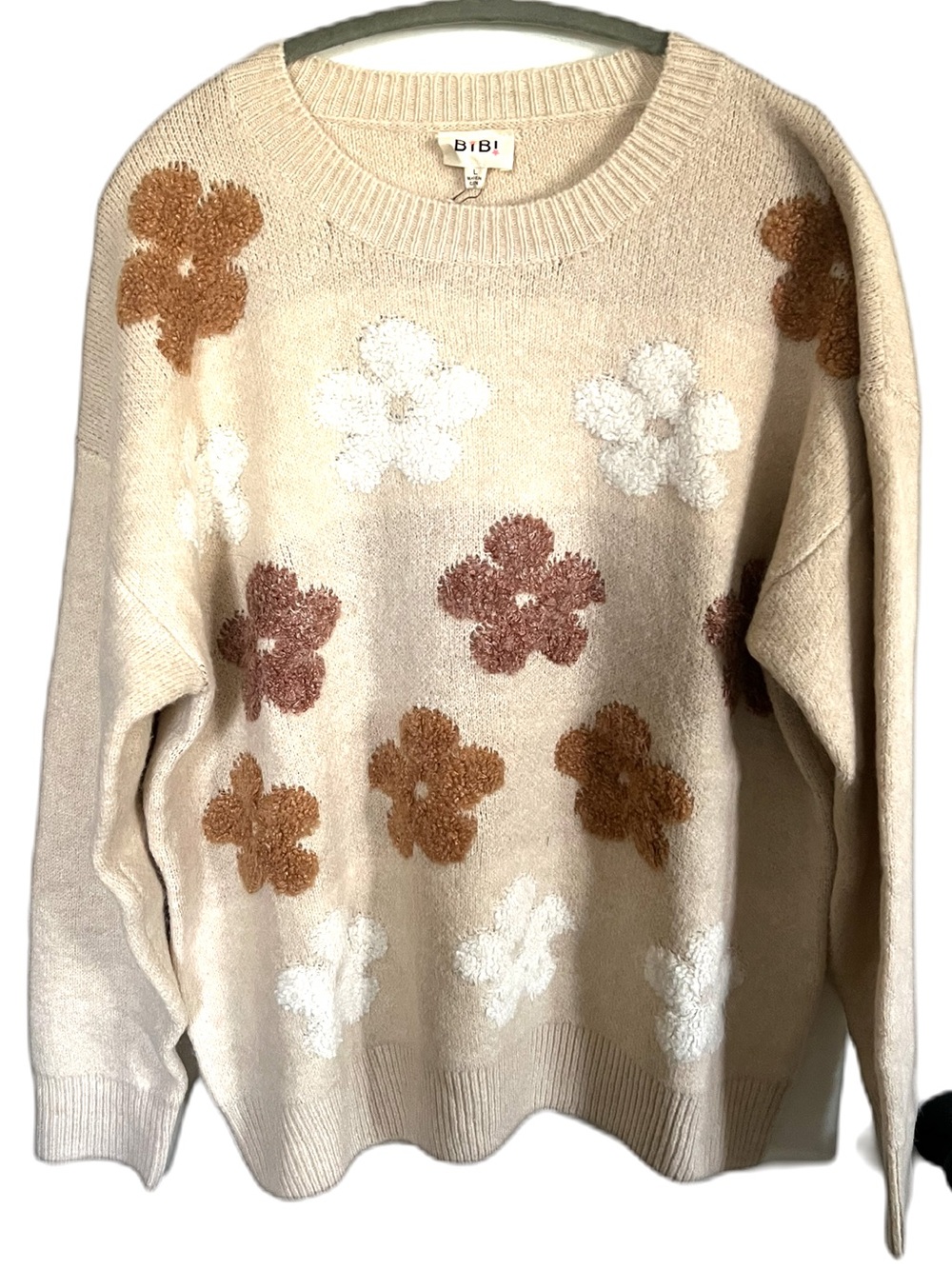 Mod Boutique BiBi Raised Brown Tan Cream Florals Crewneck Sweater Cozy Fall